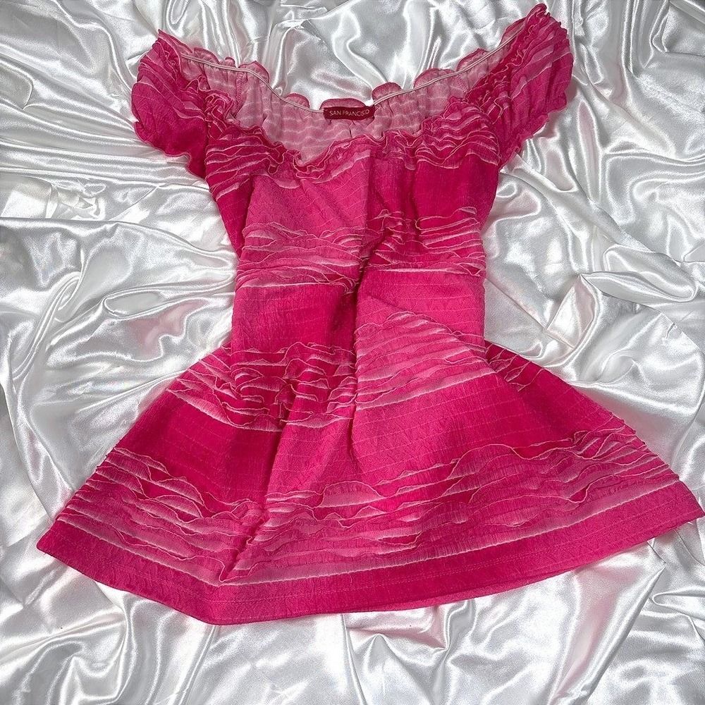 y2k ruffled baby doll Top Pink Cap Sleeve Textured San Francisco XL